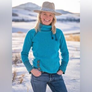 PRANA XS Blue Lucia Funnel Turtle Neck Recycled Wool Blend Sweater Outdoor Warm